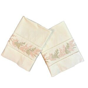 PAIR Embroidered Standard Pillowcases White 100% Cotton Pink Green Vintage NICE